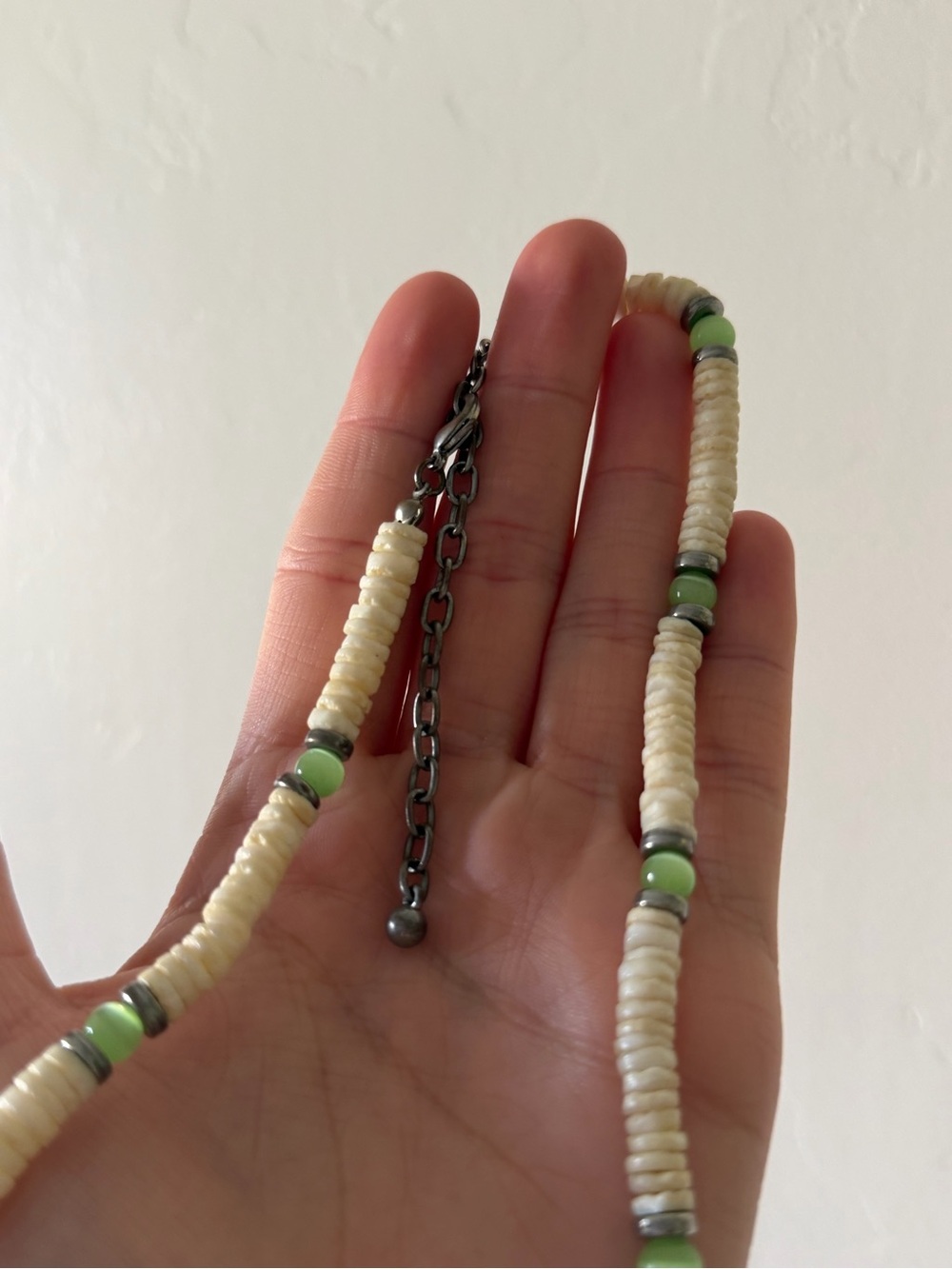 Beach Shell Heishi Bead Necklace Green Beads Silver Tone Coastal Necklace